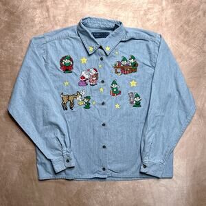Vintage 90s Karen Scott Santa's Workshop Embroidered Denim Shirt Blue Christmas
